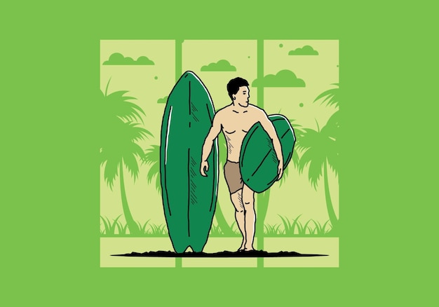 O homem sem camisa segurando a ilustração de prancha de surf