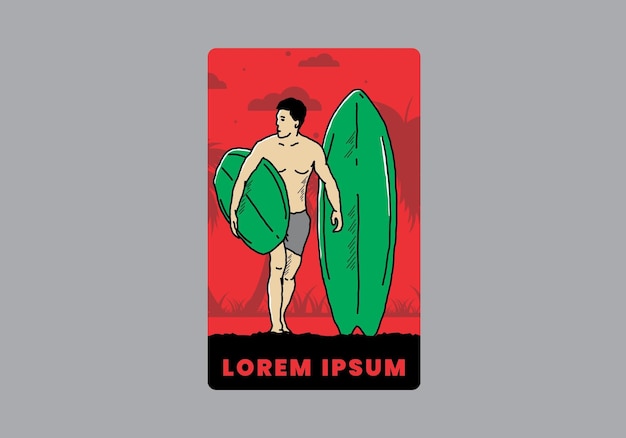 O homem sem camisa segurando a ilustração de prancha de surf