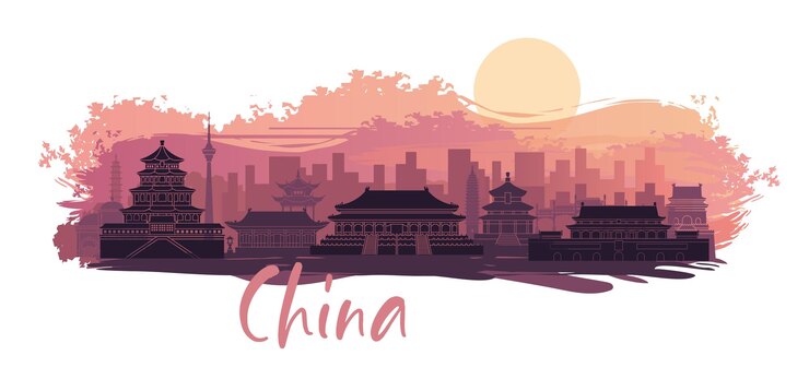 Vetor o horizonte da china ao pôr-do-sol edifícios detalhados, movíveis e completos