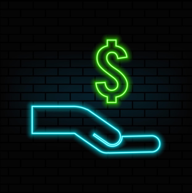 O ícone financeiro do dinheiro, símbolo de estilo néon, mão aberta dando dinheiro, pegue o dólar, pegue a doação de dinheiro.