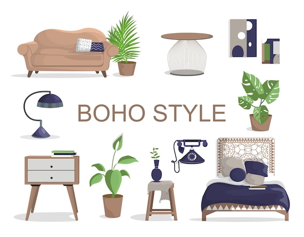 O interior do quarto é em estilo boho. um conjunto de móveis.