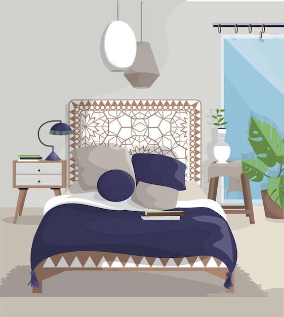 Vetor o interior do quarto é em estilo boho. uma cama grande e flores internas.