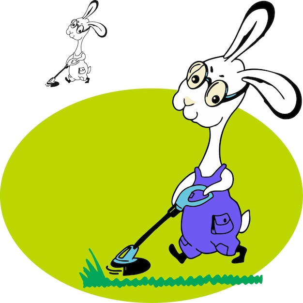 O jardineiro sartoon rabbit com um aparador corta o gramado
