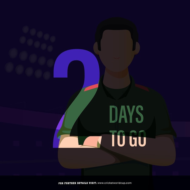 O jogo de críquete t20 começará a partir de 2 dias. desenho de cartaz com o personagem do jogador de cricket de bangladesh na camisa nacional.