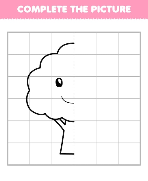 O jogo de educação para crianças completa a imagem do meio esboço da árvore de desenho animado bonito para desenhar planilha de natureza imprimível