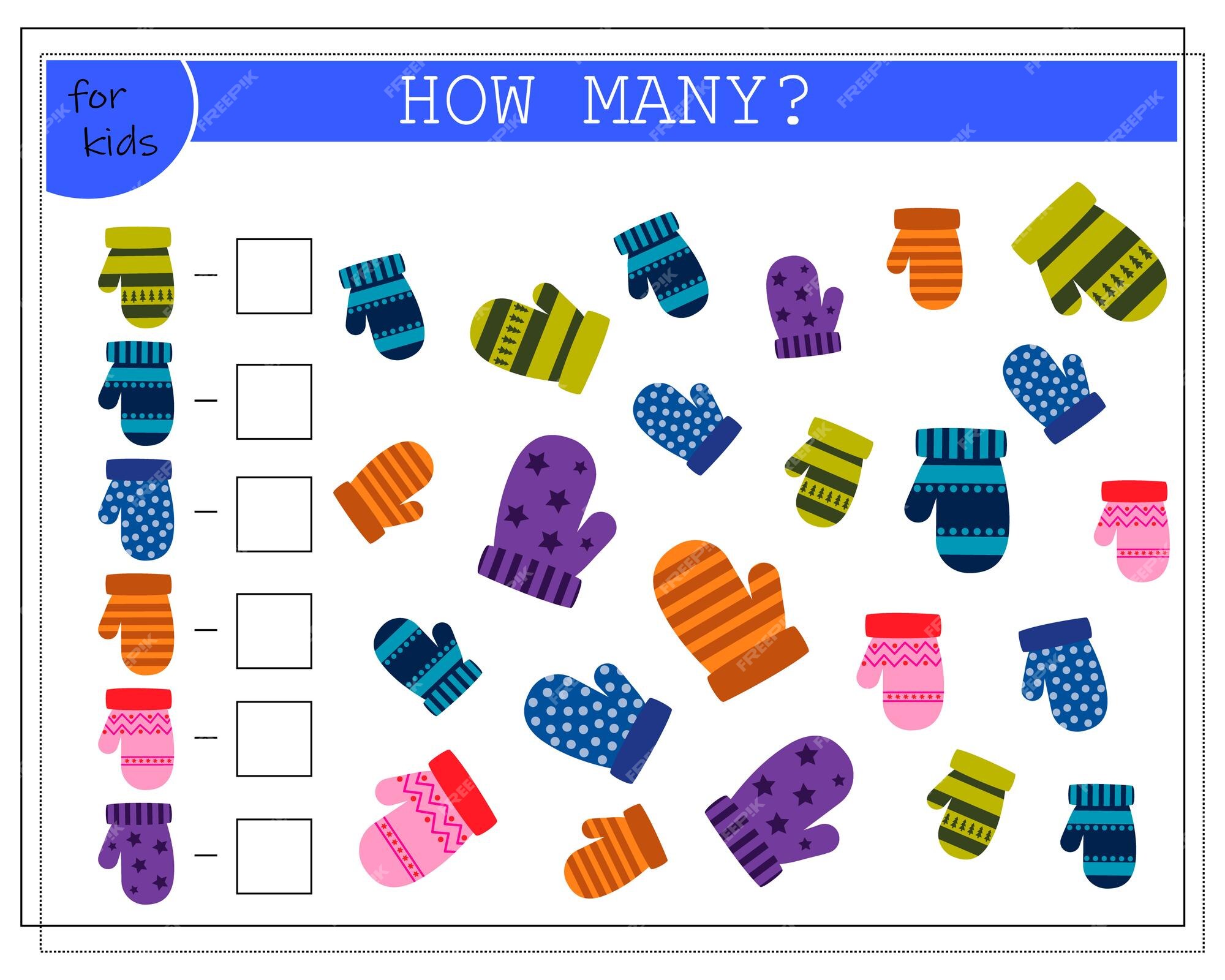 O jogo de matemática para a planilha infantil conta quantas luvas