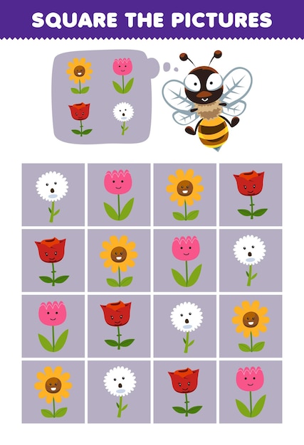 Vetor o jogo educacional para crianças ajuda a abelha de desenho animado bonito a formar a imagem correta do conjunto de flores para impressão na planilha da natureza
