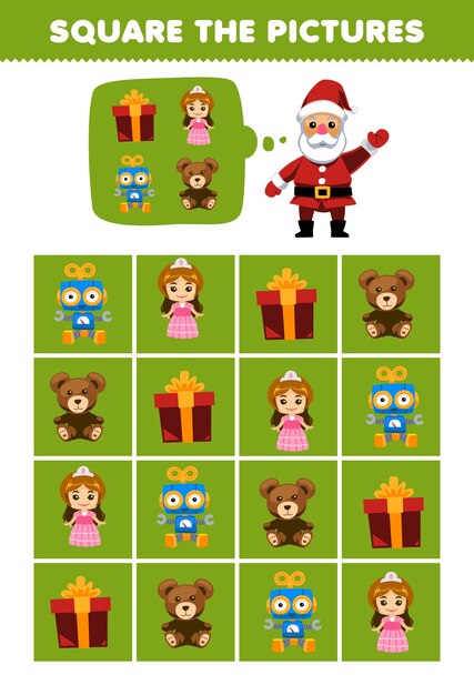 O jogo educacional para crianças ajuda o desenho bonito do papai noel quadrado a imagem correta do conjunto de brinquedos para impressão planilha de inverno