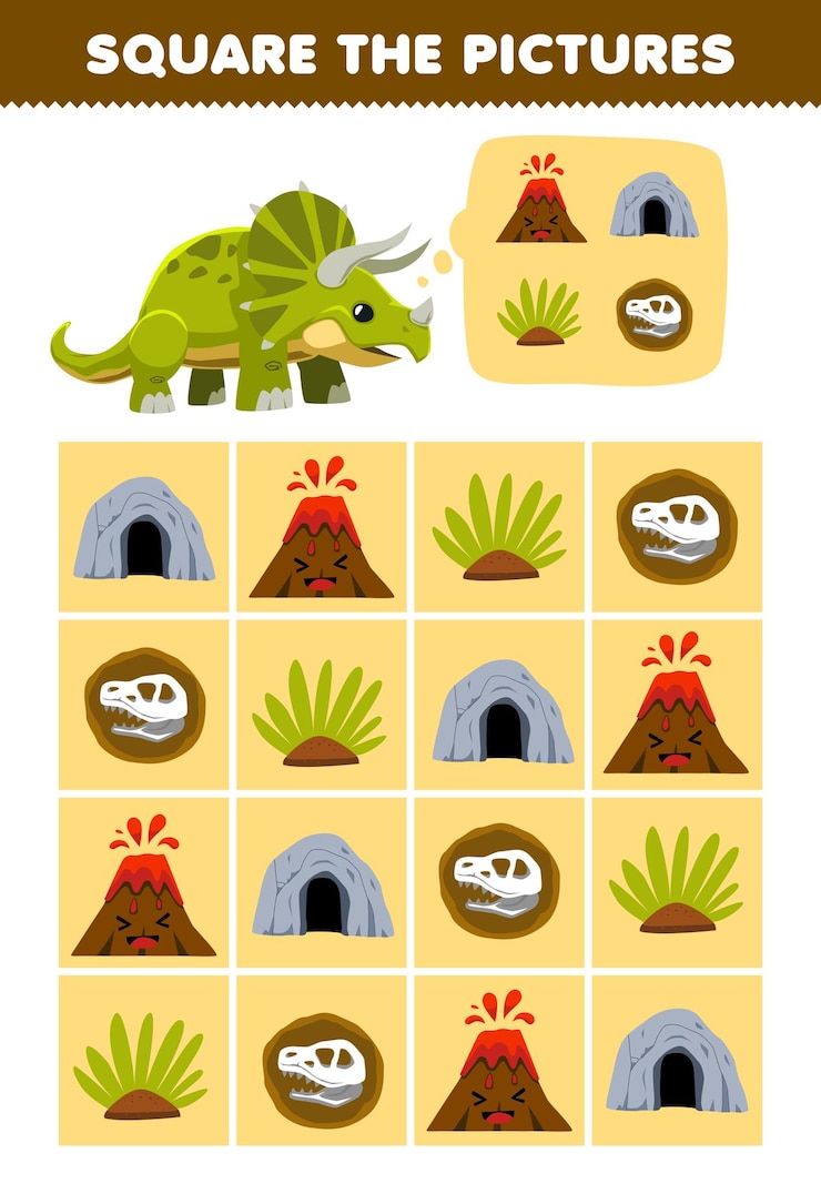 Vetor o jogo educacional para crianças ajuda o tricerátops bonito dos desenhos animados a formar a grama correta da caverna do vulcão, conjunto de fósseis, imagem para impressão, folha de trabalho da natureza