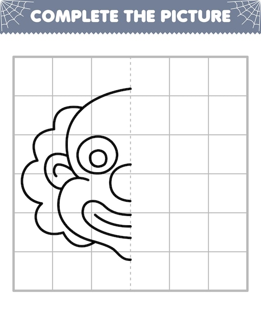 O jogo educacional para crianças completa a imagem do desenho bonito da cabeça de palhaço de halloween meio esboço para desenhar planilha imprimível