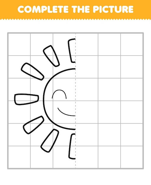 Vetor o jogo educacional para crianças completa a imagem do meio contorno do sol bonito dos desenhos animados para desenhar planilha de natureza imprimível