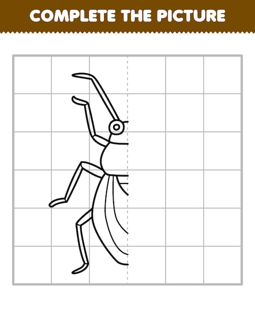 O jogo educacional para crianças completa a imagem do meio esboço de barata de desenho animado bonito para desenhar planilha de bug imprimível