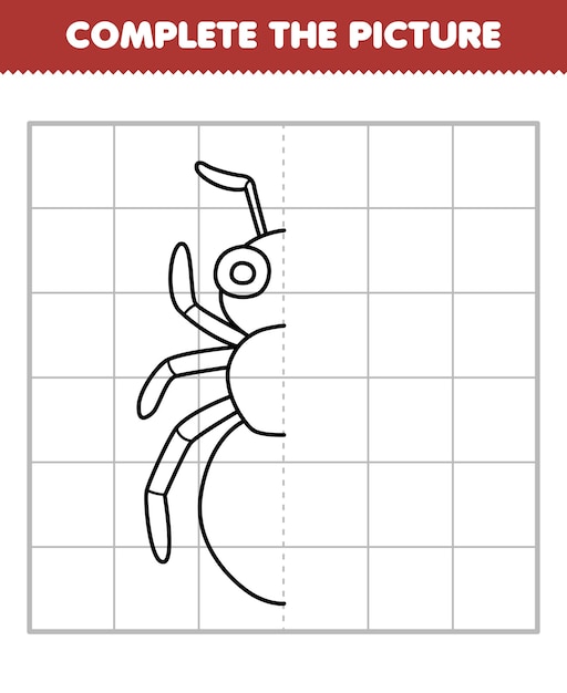 O jogo educacional para crianças completa a imagem do meio esboço de formiga de desenho animado bonito para desenhar planilha de bug imprimível