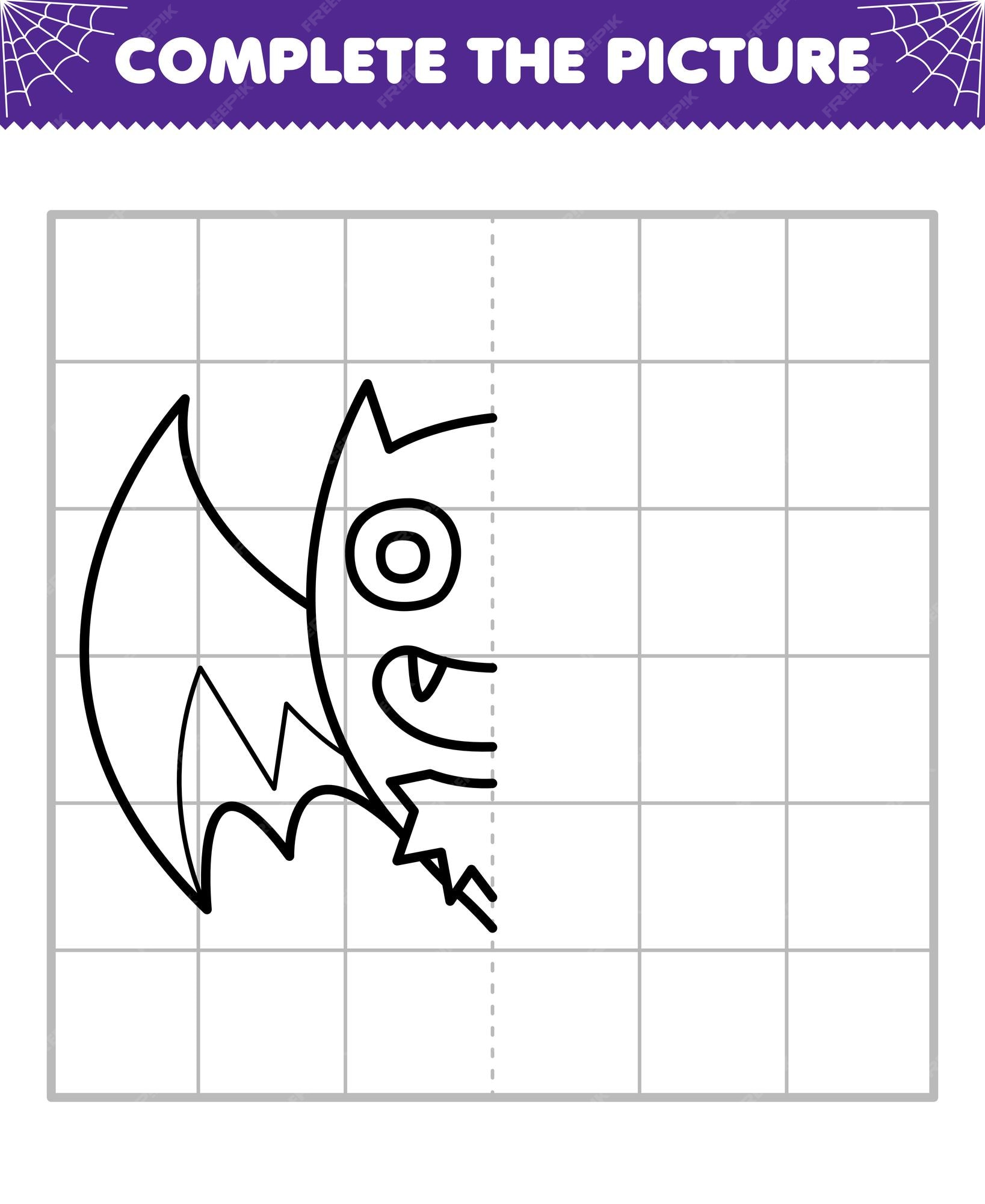 O jogo educacional para crianças completa a imagem do meio esboço do morcego  de halloween bonito dos desenhos animados para desenhar a planilha  imprimível