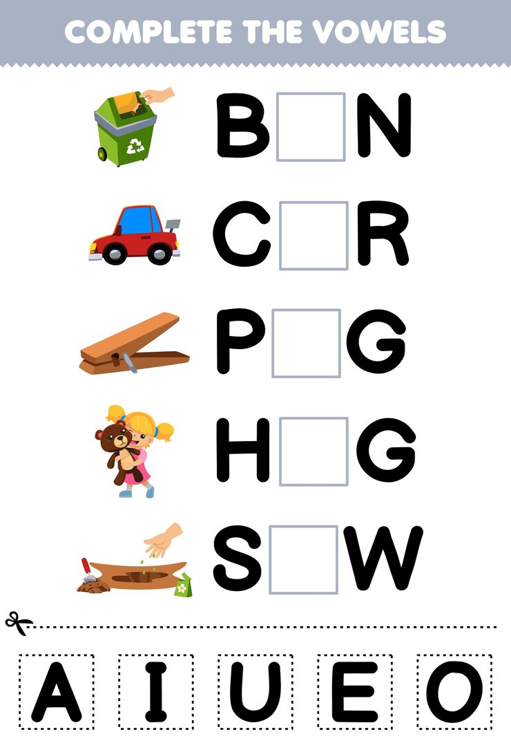 Vetor o jogo educacional para crianças completa as vogais do bonito carro de desenho animado bin car peg abraço semear ilustração planilha imprimível