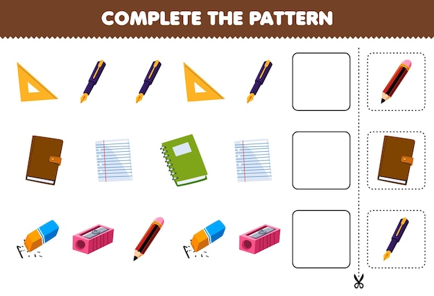 O jogo educacional para crianças completa o padrão para uma régua de desenho animado, caneta, livro, borracha, apontador de papel, folha de trabalho para impressão