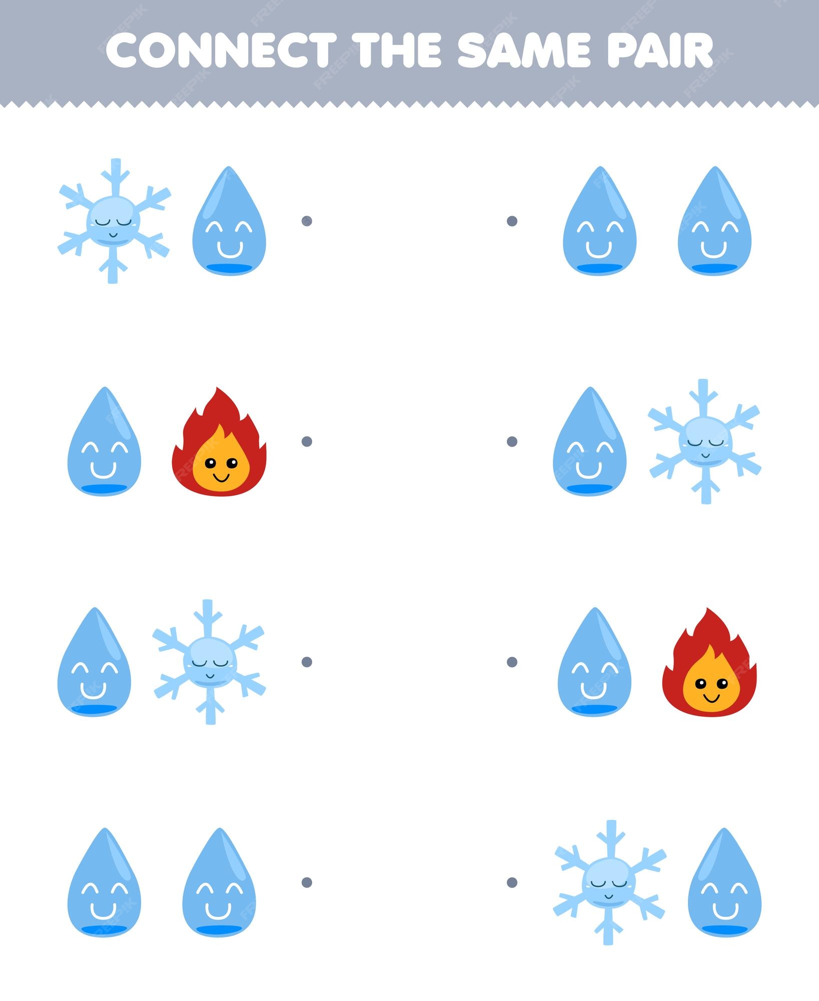 O jogo educacional para crianças conecta a mesma imagem de um lindo desenho  animado de floco de neve, água e fogo, planilha de natureza imprimível