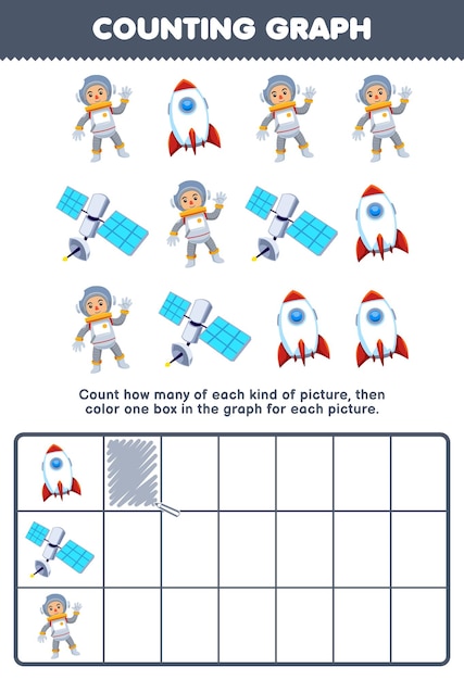 O jogo educacional para crianças conta quantos foguetes de satélite de astronauta de desenho animado fofo e depois colore a caixa na planilha de profissão imprimível do gráfico