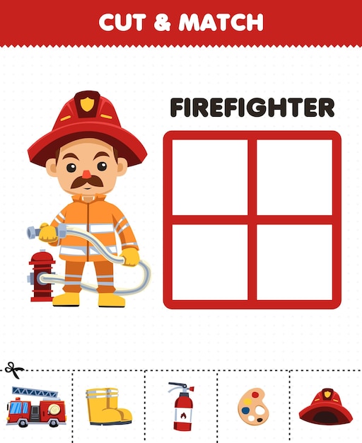 O jogo educacional para crianças corta e combina as coisas corretas para a planilha imprimível da profissão de bombeiro bonito dos desenhos animados