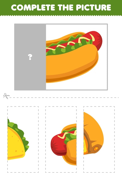 O jogo educacional para crianças corta e completa a imagem correta da planilha de comida para impressão de cachorro-quente de desenho animado fofo