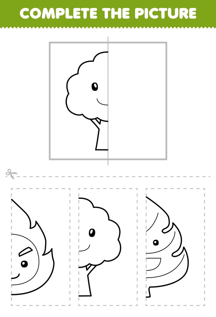O jogo educacional para crianças corta e completa a imagem de meio esboço de árvore de desenho animado bonito para colorir planilha de natureza imprimível