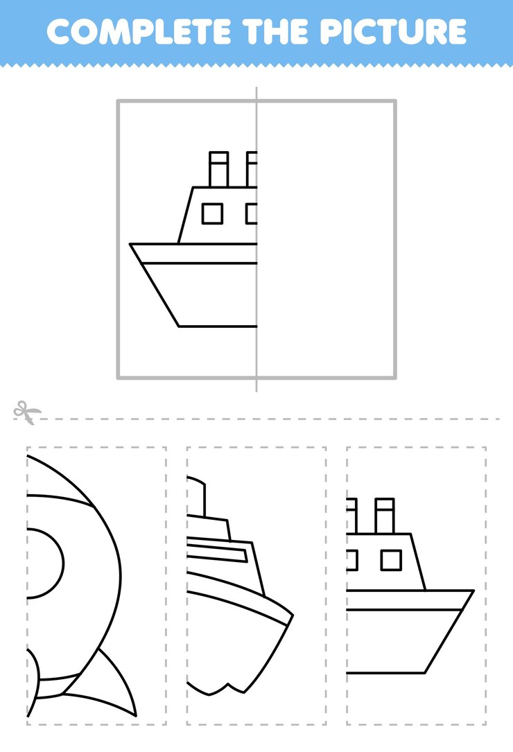Vetor o jogo educacional para crianças corta e completa a imagem de meio esboço de navio de balsa de desenho animado fofo para colorir planilha de transporte imprimível