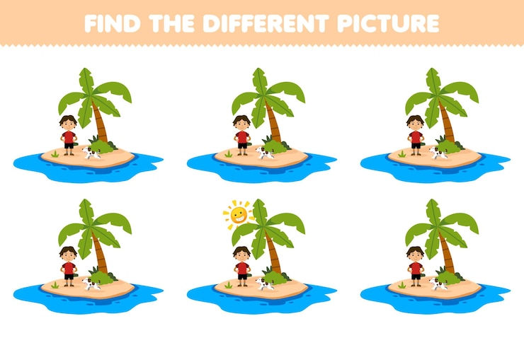 Vetor o jogo educacional para crianças encontra a imagem diferente da planilha de natureza imprimível da ilha dos desenhos animados