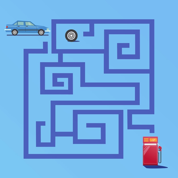 O jogo maze encontra o caminho do carro para o vetor premium do posto de gasolina para a educação e coleta de crianças