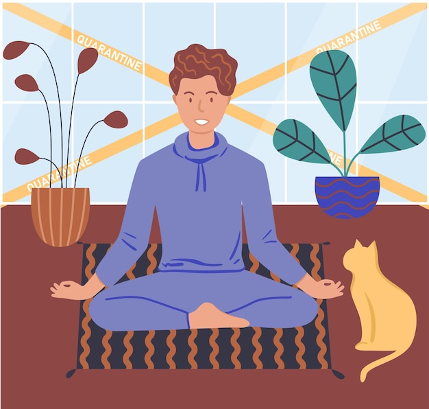 O jovem está isolado com seu gato calmo homem em meditação