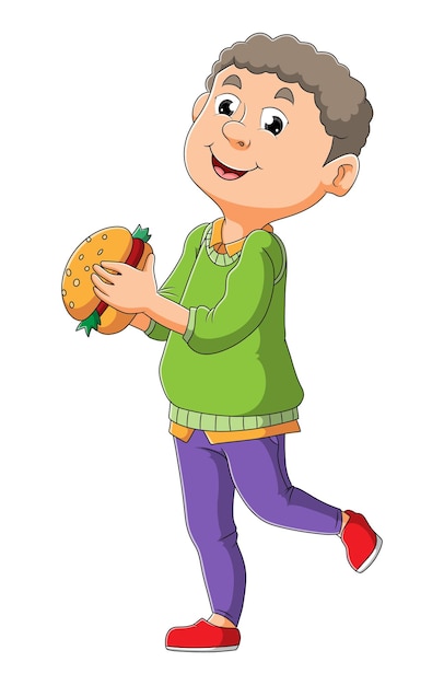 O jovem está pronto para comer o hambúrguer da ilustração