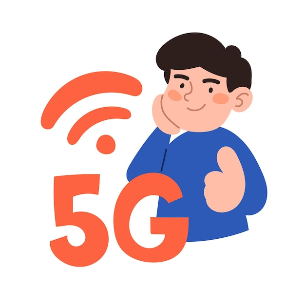 O jovem feliz está usando ilustração vetorial de internet de alta velocidade tecnologia de rede sem fio 5g estilo de desenho animado plano vídeos de mensagens de redes sociais de alta qualidade na internet