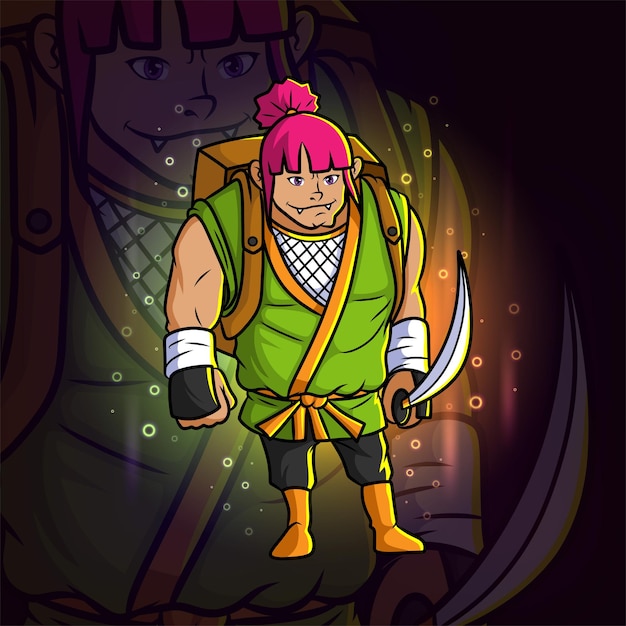 O jovem gigante com o logotipo da katana esport como ilustração