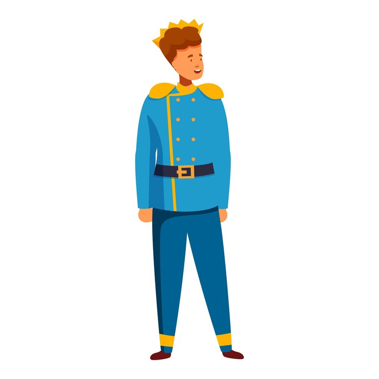 Vetor o jovem príncipe está a usar uma coroa e um traje real azul.