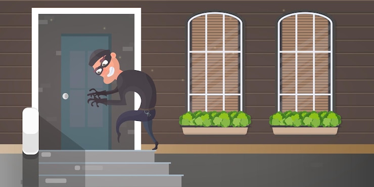 Vetor o ladrão está tentando abrir a porta. o ladrão está entrando sorrateiramente na casa. conceito de segurança. ilustração vetorial