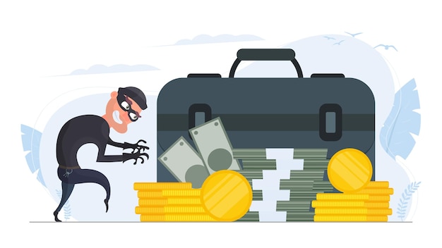 O ladrão rouba dinheiro. o criminoso rouba moedas de ouro. conceito de segurança de roubo e finanças. estilo simples, vetor.