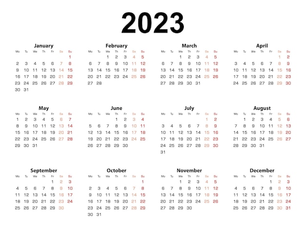 Vetor o layout do calendário para a semana de 2023 começa a partir de segunda-feira calendário vetorial simples em inglês