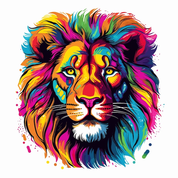 O leão é o rei dos animais retrato de um leão perverso e majestoso em estilo pop art vetorial colorido modelo para adesivo de camiseta etc