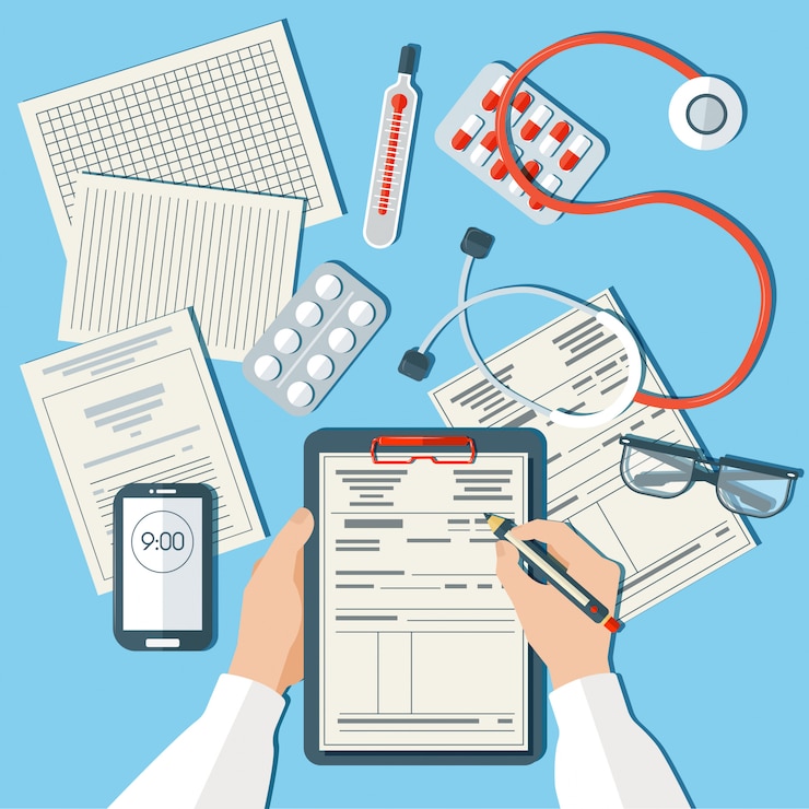 Vetor o local de trabalho do médico. médico, trabalhando, em, clínica
