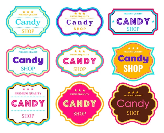 O logotipo da loja de doces rotula o design vetorial colorido