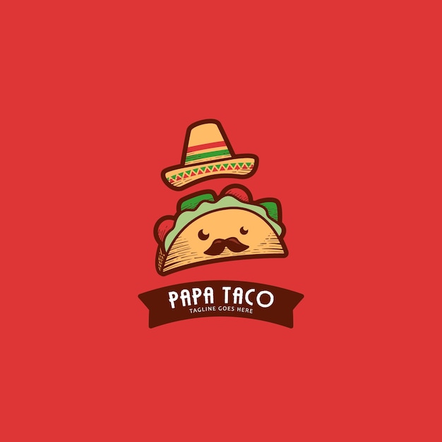 O logotipo da mascote papa taco fofo com chapéu mexicano e bigode em estilo retro vintage para incubação