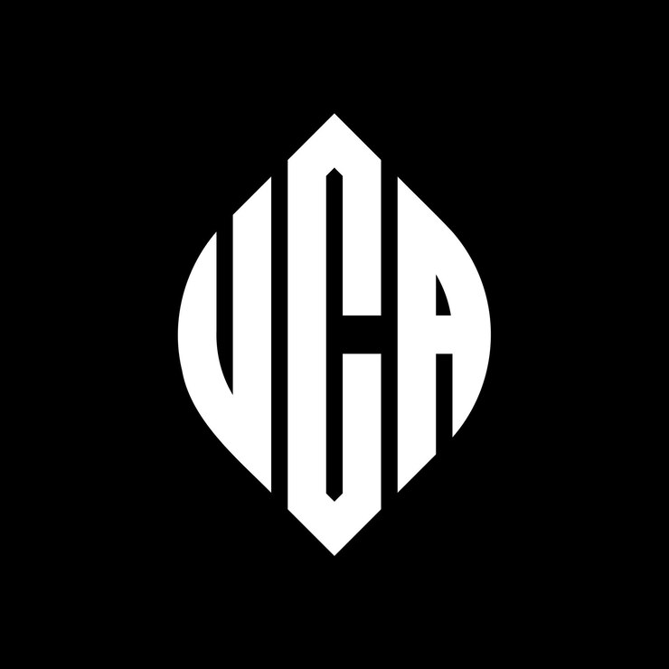Vetor o logotipo da uca é composto por letras elípticas uca em forma de círculo e elipse. as três iniciais formam um logotipo de círculo uca emblema de círculo abstracto monograma letra marca vector