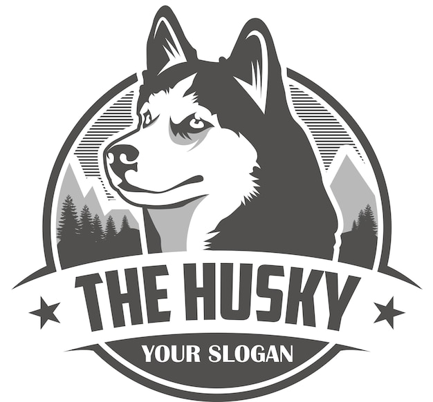 Vetor o logotipo do husky modelo do logotipo do husky siberiano husky e vetor de montanha