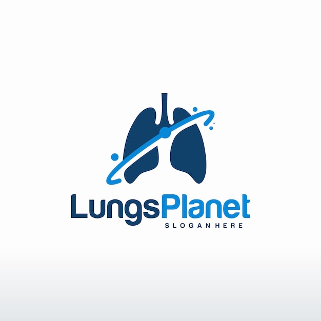 O logotipo do lungs planet projeta vetor de conceito, logotipo do escudo de pulmões, modelo de logotipo de cuidados com os pulmões