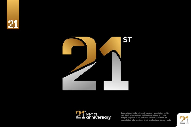 Vetor o logotipo do número 21 em ouro e prata, em fundo preto, é o logotipo do aniversário do 21o aniversário.
