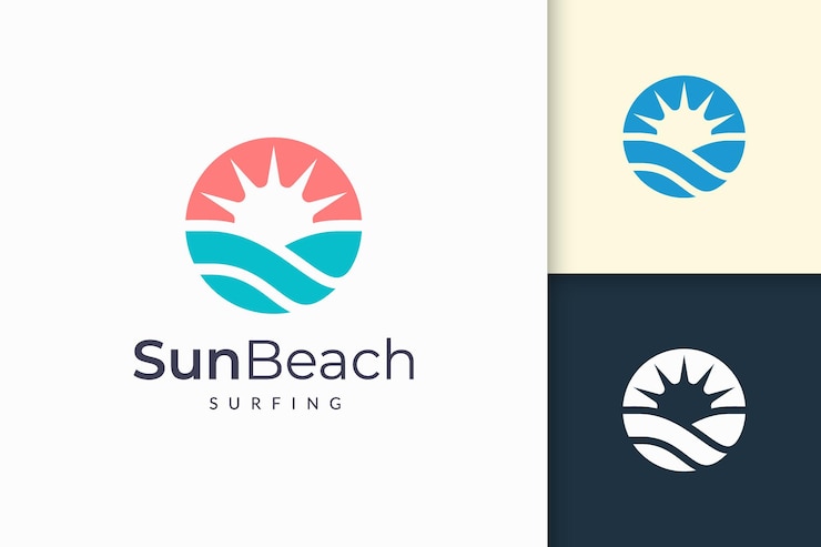 Vetor o logotipo do oceano ou do mar em ondas de água abstratas e o sol representam aventura