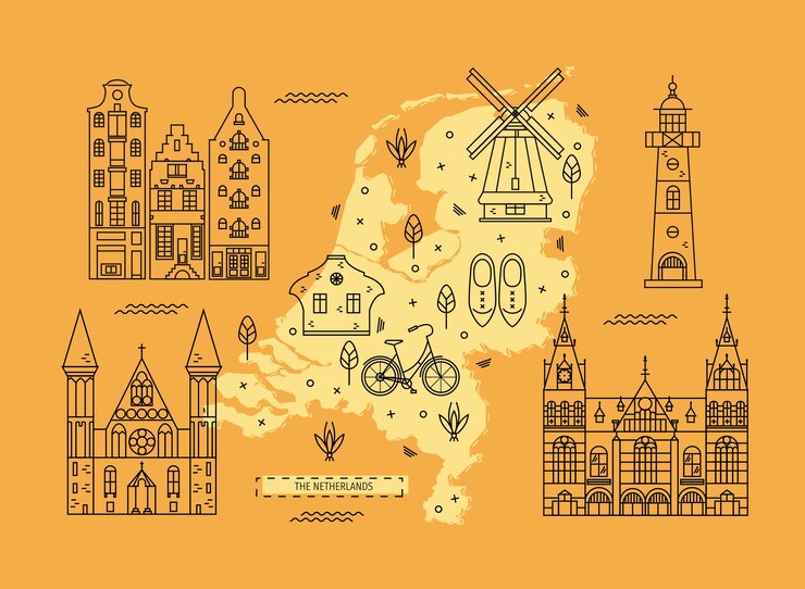 Vetor o mapa da holanda em design de linha plana com atrações, símbolos e decoração.
