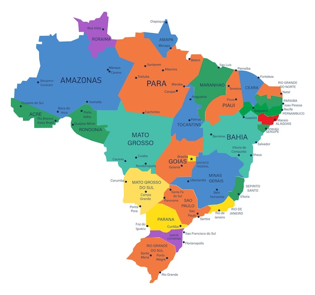 Vetor o mapa detalhado do brasil com regiões ou estados e cidades capitais