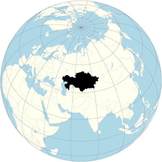 Vetor o mapa do cazaquistão exibido de forma proeminente na projeção ortográfica do mapa mundial tem um vasto passo