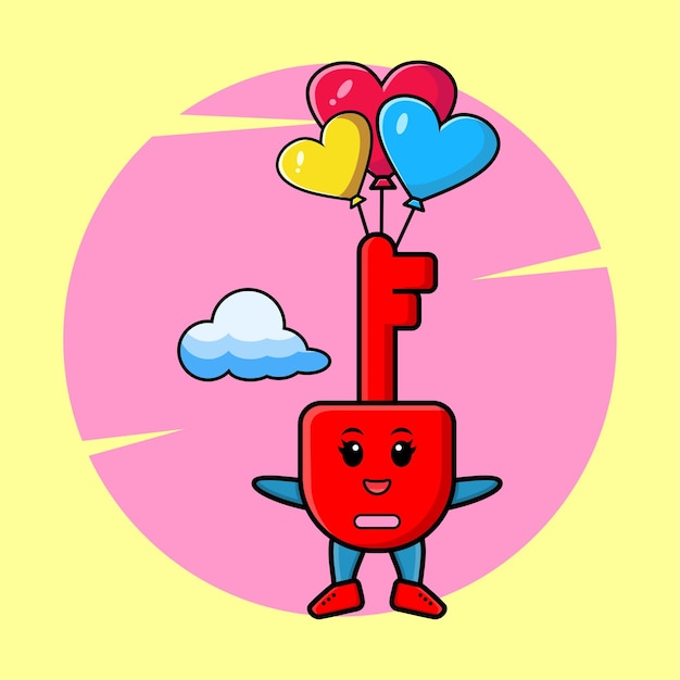 O mascote de chave de cadeado bonito dos desenhos animados está saltando de paraquedas com balão e gesto feliz, design de estilo moderno bonito