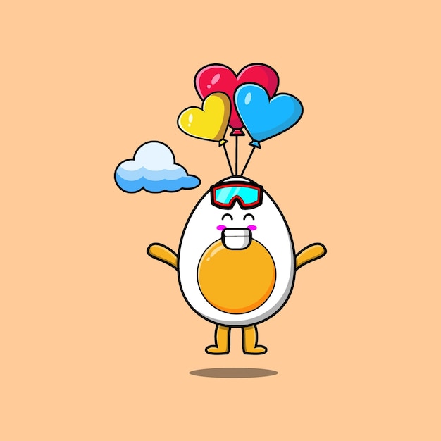 O mascote de ovo cozido bonito dos desenhos animados está saltando de paraquedas com balão e gesto feliz design de estilo moderno bonito